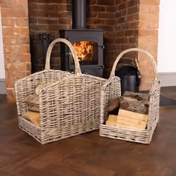 CHARLES BENTLEY Log Basket, Snug, Set Of Two, Open Ended, Wicker Log Baskets, Storage, Handmade, With Handles, Carry Handles, ...
