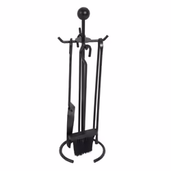 Charles Bentley Snug Cedar Fireside Companion Set with Poker Tongs Coal Shovel Brush Tool Stand Iron Matte Black Finish