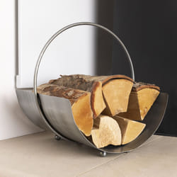 CHARLES BENTLEY Log Holder, Snug, Juniper, Log Storage, Circular, Iron, Silver, Nickel, Antique Ball Feet, Modern, Compact, Integrated Carry Handle,