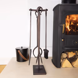 CHARLES BENTLEY Companion Tool Set, Snug, Maple, Fireside, Companion Set, Iron, Black, Traditional, Black Tool Stand, Tongs,  ...
