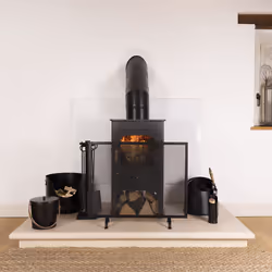 CHARLES BENTLEY Fire Guard, Snug, Aspen, Fireguard, Contemporary, Iron, Silver Mesh, Black Border, Matte Finish, Industrial Design, Powder Coated,