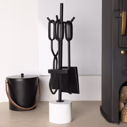 Charles Bentley Snug Birch Fireside Companion Set with Stand Poker Shovel Brush Tongs Tool Stand Iron Matte Black Finish