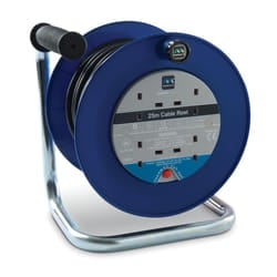 Masterplug Four Socket  Open Cable Reel Extension Lead with Handle, 25 Metres, Blue