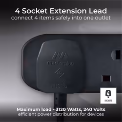 Masterplug Basic 4 Socket Extension Lead 5m Cable Power Strip Black