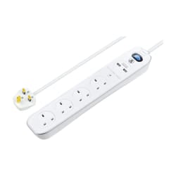 Masterplug 4 Socket 2m Inline Extension lead 2 x USB Ports White 13A
