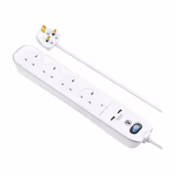 Masterplug 4 Socket 2m Inline Extension lead 2 x USB Ports White 13A