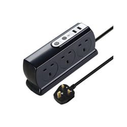 Masterplug Compact 6 Socket Surge Protected 2x USB Port Extension Lead 2m Black