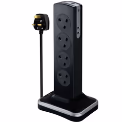 8 SOCKET 2M H05VV-F 3G1,25 SWITCHED TOWER SURGE EXTENSION LEAD + USB (2 PORT 3.1A) GLOSS BLACK - MP (UK)