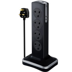 8 SOCKET 2M H05VV-F 3G1,25 SWITCHED TOWER SURGE EXTENSION LEAD + USB (2 PORT 3.1A) GLOSS BLACK - MP (UK)