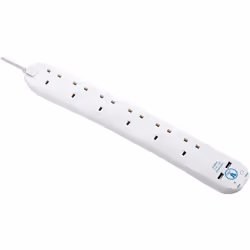 Masterplug SRGU6210N-MP Six Socket Surge Protected Extension Lead with 2 USB Ports, 2 Metre, 19 x 7 x 6 cm, White