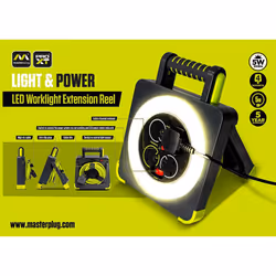 Masterplug WLU05134SL-PX Pro-XT Four Socket LED Work Light Extension Reel with Fold Out Stand, Thermal Cut Out and Power Switch, 5 metre High