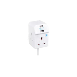 Three Socket Compact Extension Lead with Two USB Charging Ports, 2 Metre Cable, 13 Amps, White