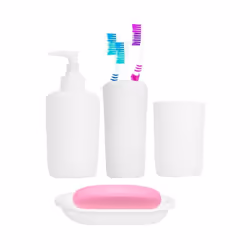 White Bathroom Accessory Set Tumbler Soap Tray Dispenser Toothbrush 4 Piece