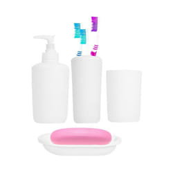 White Bathroom Accessory Set Tumbler Soap Tray Dispenser Toothbrush 4 Piece