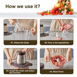 2L Food Processors 300W Electric Vegetable Chopper Glass Container with 4-304 Stainless steel Knife for Meat, Smoothie, Onions, Fruit, Vegetables