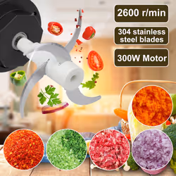 2L Food Processors 300W Electric Vegetable Chopper Glass Container with 4-304 Stainless steel Knife for Meat, Smoothie, Onions, Fruit, Vegetables