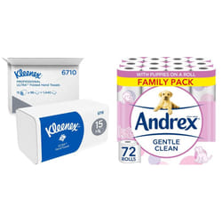 Ultra Interfold Hand Towels 6710-3 Ply V Fold Paper Towels - 15 Packs x 96 Paper Hand Towels (1,440 Total) & Andrex Gentle Clean Toilet Rolls - 72