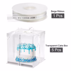 Clear Cake Box, 5Pcs 9"x9"x9" - Tall Cake Boxes with Ribbon for 6 Inch Cake Packing Carry - for Birthday Parties, Wedding (White)