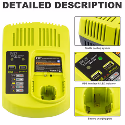 RB18L50 18V 5Ah Replacement Battery for Ryobi 2 Packs with Dual P117 USB Port Charger Replacement for Ryobi P117 12V-18V One Plus Series, USB Charger