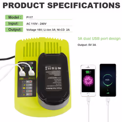 RB18L50 18V 5Ah Replacement Battery for Ryobi 2 Packs with Dual P117 USB Port Charger Replacement for Ryobi P117 12V-18V One Plus Series, USB Charger