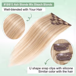 Blonde Hair Extensions Clip in, 24 Inch 75g Clip in Hair Extensions Real Human Hair - 5 PCS Clip in Hair Extensions, (Ash Blonde & Bleach Blonde)