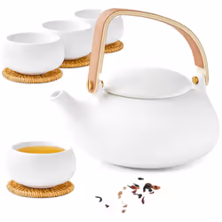 Modern Japanese Tea Set, 800ml Matte Ceramic Japanese Teapot with Infuser for Loose Leaf Tea Steeper, Wood Handle White Tea P ...
