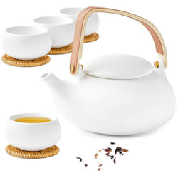 Modern Japanese Tea Set, 800ml Matte Ceramic Japanese Teapot with Infuser for Loose Leaf Tea Steeper, Wood Handle White Tea Pots with 4 Cups for Hot