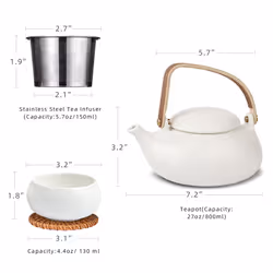 Modern Japanese Tea Set, 800ml Matte Ceramic Japanese Teapot with Infuser for Loose Leaf Tea Steeper, Wood Handle White Tea Pots with 4 Cups for Hot