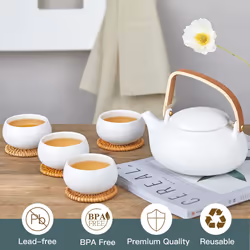 Modern Japanese Tea Set, 800ml Matte Ceramic Japanese Teapot with Infuser for Loose Leaf Tea Steeper, Wood Handle White Tea Pots with 4 Cups for Hot