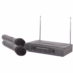 A dual channel VHF wireless microphone system with a half-width 1U receiver and 2 handheld transmitters.