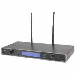 Dual channel PLL tuneable UHF wireless system with 2 handheld transmitters. The receiver unit is compatible with standard 19& ...