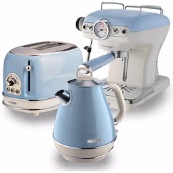 Ariete ARPK6 Retro Style Jug Kettle, 2 Slice Toaster and Espresso Machine Set, Vintage Design, Blue