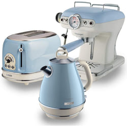 Ariete ARPK6 Retro Style Jug Kettle, 2 Slice Toaster and Espresso Machine Set, Vintage Design, Blue