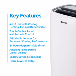Igenix IG9922 4-in-1 Portable Air Conditioner, Cooling, Fan, Dehumidifier