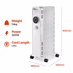 Igenix IG2615 Oil Filled Radiator, 1.5kW/1500W, Overheat Protection, White