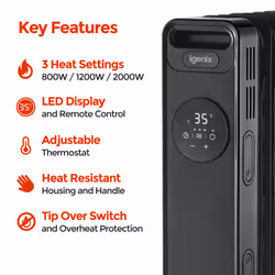Igenix IG2621BL Digital Oil Filled Radiator, 2kW/2000W, Overheat Protection, Black
