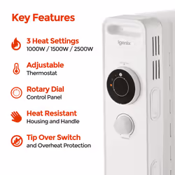 Igenix IG2625 Oil Filled Radiator, 2.5kW/2500W, Overheat Protection, White