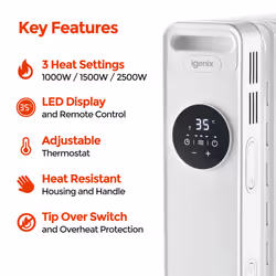 Igenix IG2626 Digital Oil Filled Radiator, 2.5kW/2500W, Overheat Protection, White