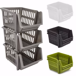Set of 3 Stackable Storage Basket Kitchen Fruit Vegetable Stacking Container Box - Black