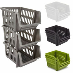 Set of 3 Stackable Storage Basket Kitchen Fruit Vegetable Stacking Container Box - Silver