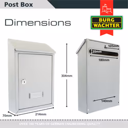 Burg-Wachter MB09S Avon Rear Entry Wall Mounted Galvanised Steel Lockable Weatherproof Post Box - Silver - 21x30x7cm