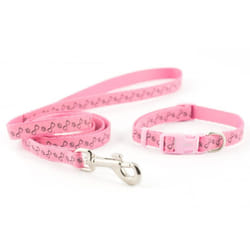 Small Bite Collar & Lead Set Reflective Paw & Bone Pink