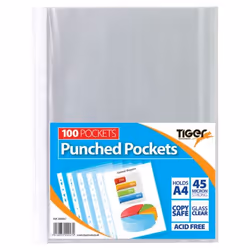 Tiger Multi Punched Pocket Polypropylene A4 45 Micron Top Opening Clea