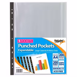 Tiger Multi Punched Expandable Pocket Polypropylene A4 150 Micron Top