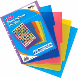 Tiger Personalised 5 Part Polypropylene Dividers A4 Assorted Colours -