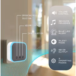 Wireless Plug-in Door Chime, 150m Operating Range, 30 Different Chimes, LED Chime Alert, 3 Operating Modes, Easy Install, White