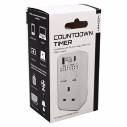 Countdown Plug-in Timer, UK 3 Pin Plug, USB-A & USB-C Sockets, Energy Saving, 7 Timer options for Operating Home Appliances & Electrical Devices,