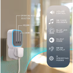 Wireless Plug-Through Door Chime, 150m Operating Range, 30 Different Chimes, LED Chime Alert, 3 Operating Modes, Easy Install