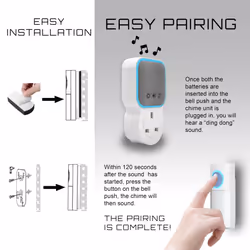 Wireless Plug-Through Door Chime, 150m Operating Range, 30 Different Chimes, LED Chime Alert, 3 Operating Modes, Easy Install