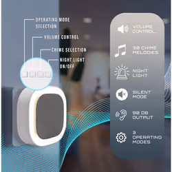 Wireless Plug-in Door Chime with Built-in Night Light, Dusk & Dawn Sensor, 200m Operating Range, 30 Chimes, LED Chime Alert, Easy Install